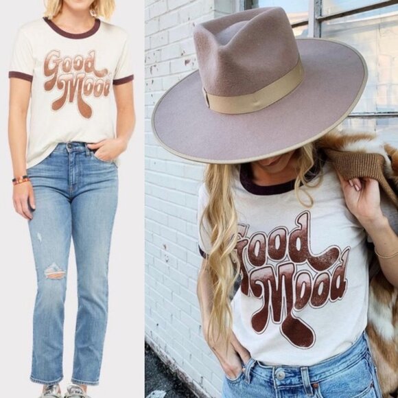 Chaser Retro Good Mood‎ Ringer Tee Size Medium White Brown T-Shirt Bohemian Top - Picture 1 of 10